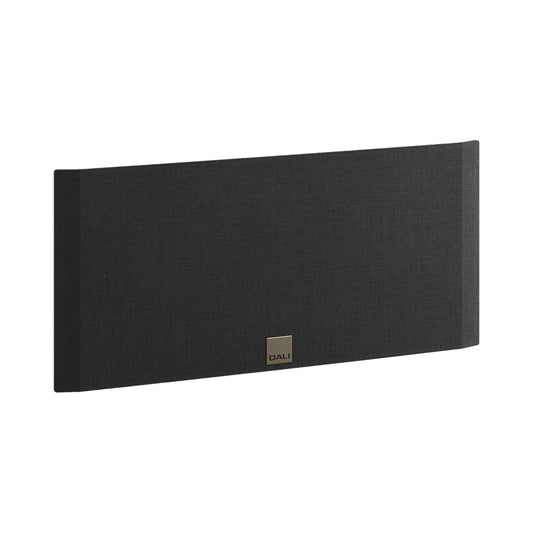 DALI Opticon Vokal MK2 Grille Schwarz Schrägansicht, Frontbespannung aus Stoff mit Logo