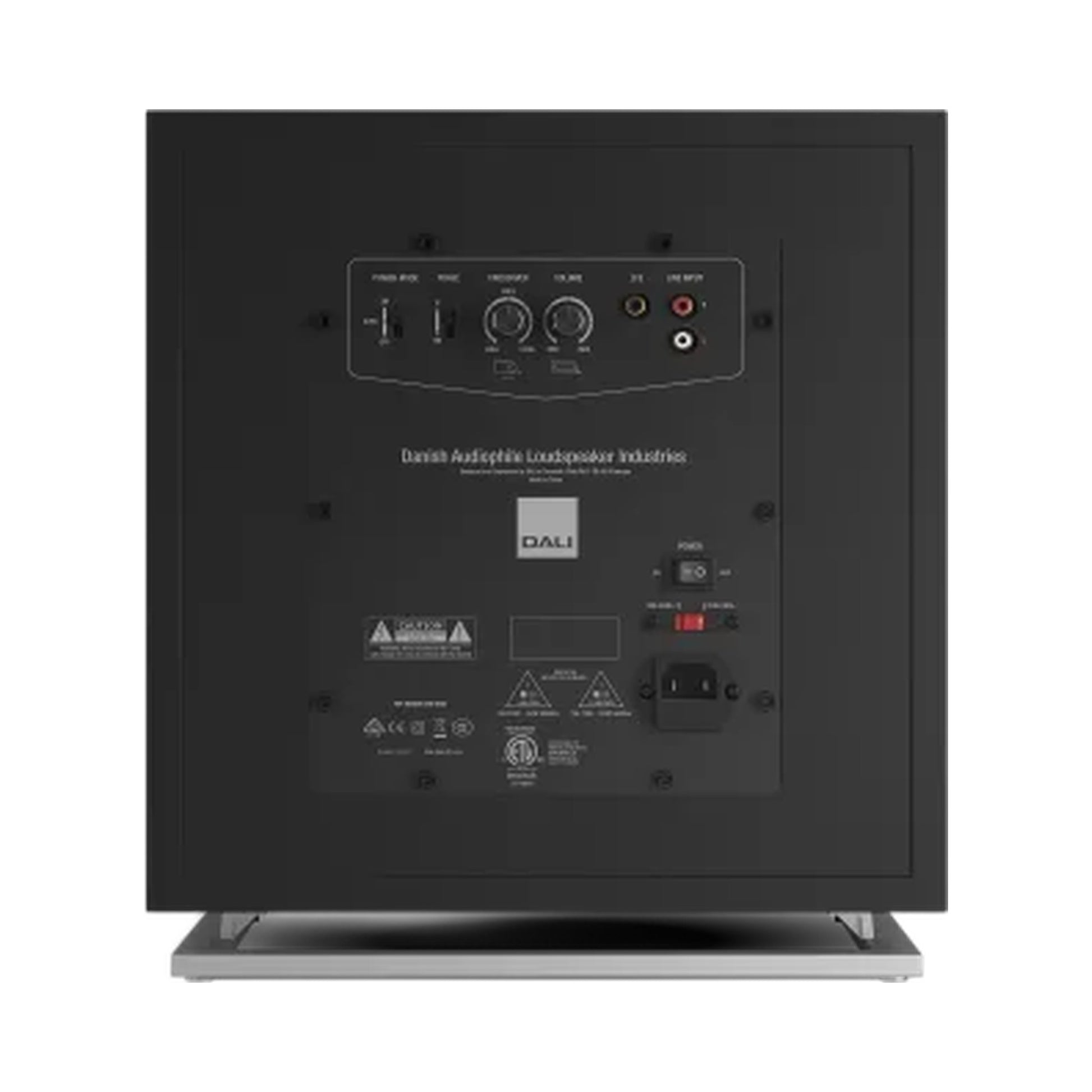 DALI Sub E-12 F Aktiv-Subwoofer Schwarz Anschlussfeld mit Reglern und Cinch-Anschlüssen