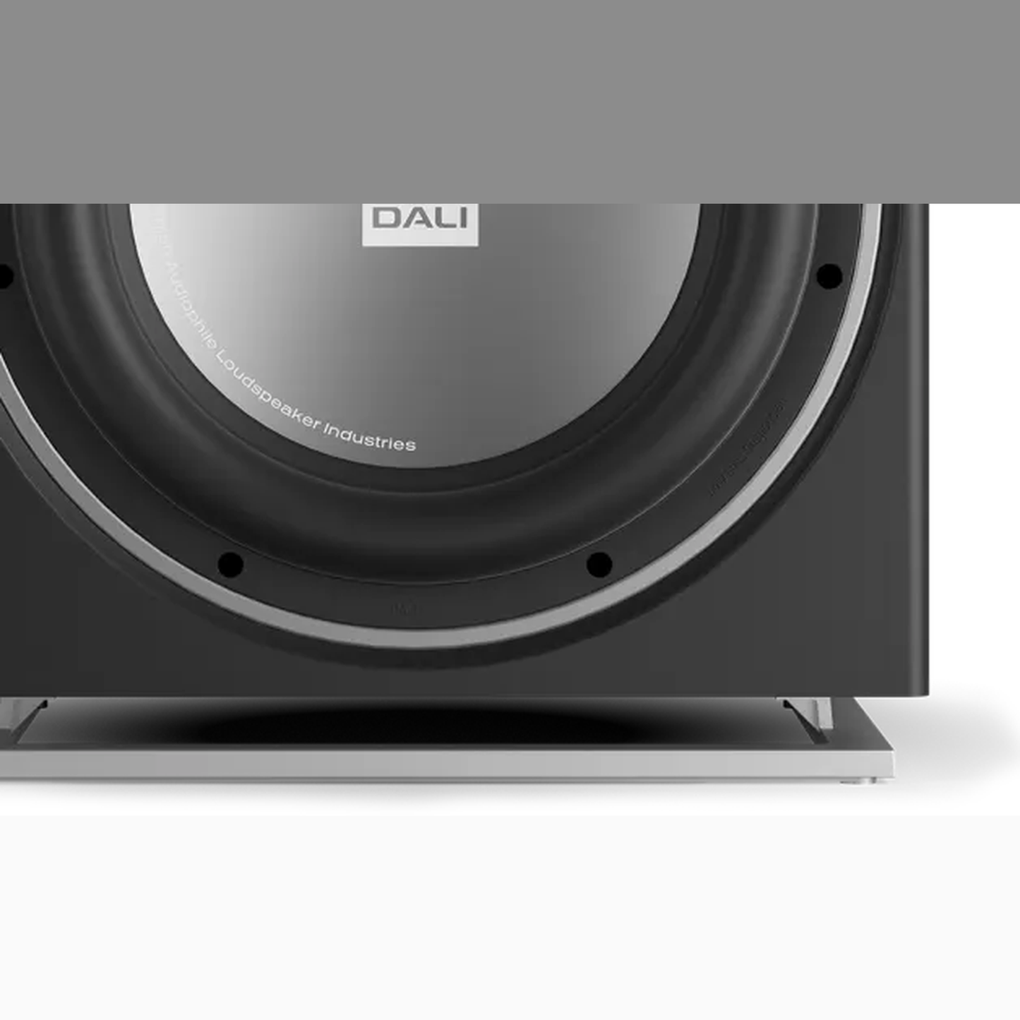 DALI Sub E-12 F Aktiv-Subwoofer Schwarz Detailansicht Treiber und Sockelplatte