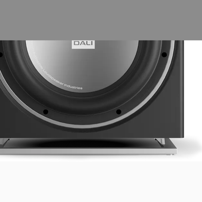 DALI Sub E-12 F Aktiv-Subwoofer Schwarz Detailansicht Treiber und Sockelplatte