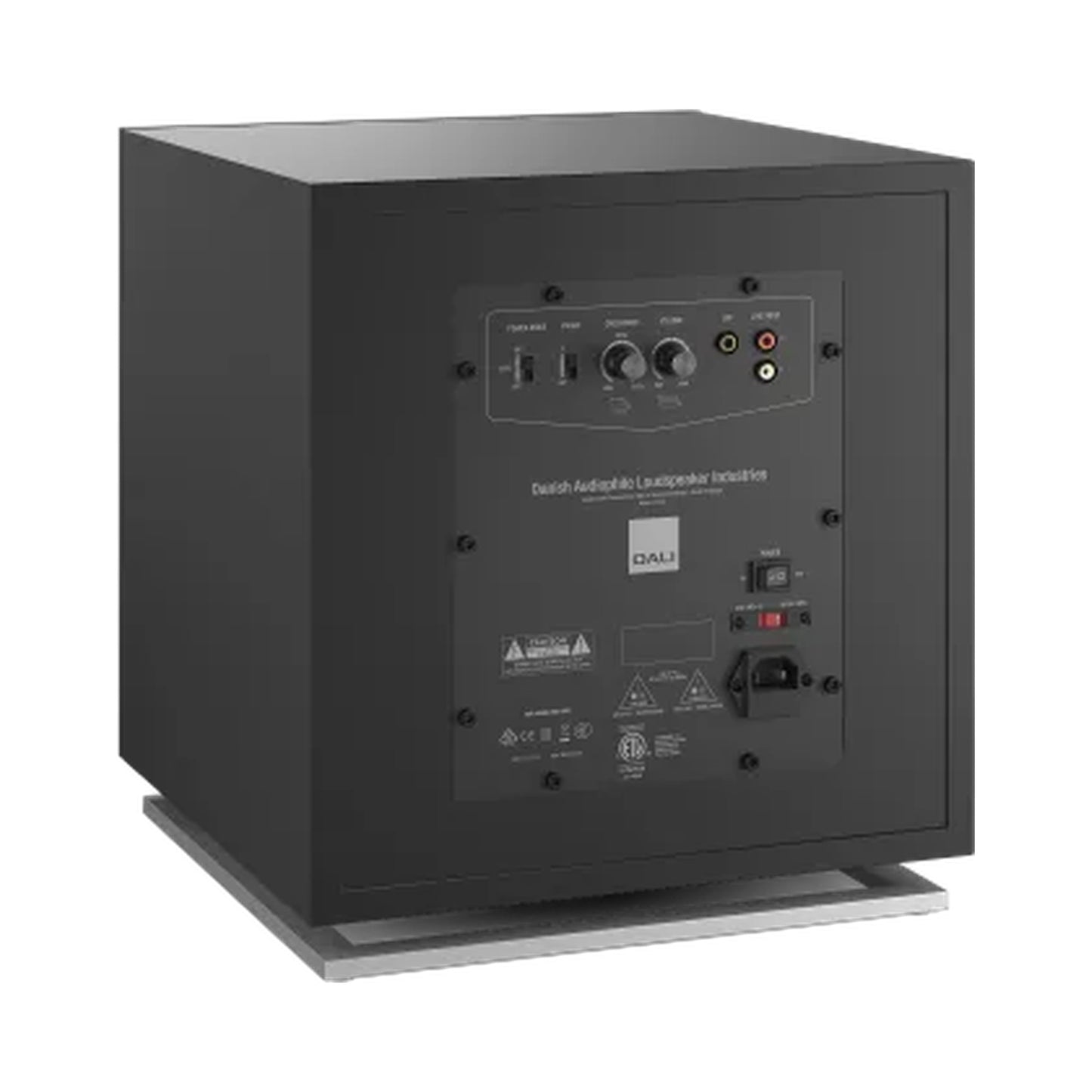 DALI Sub E-12 F Aktiv-Subwoofer Schwarz Schrägansicht von hinten mit Anschlussfeld