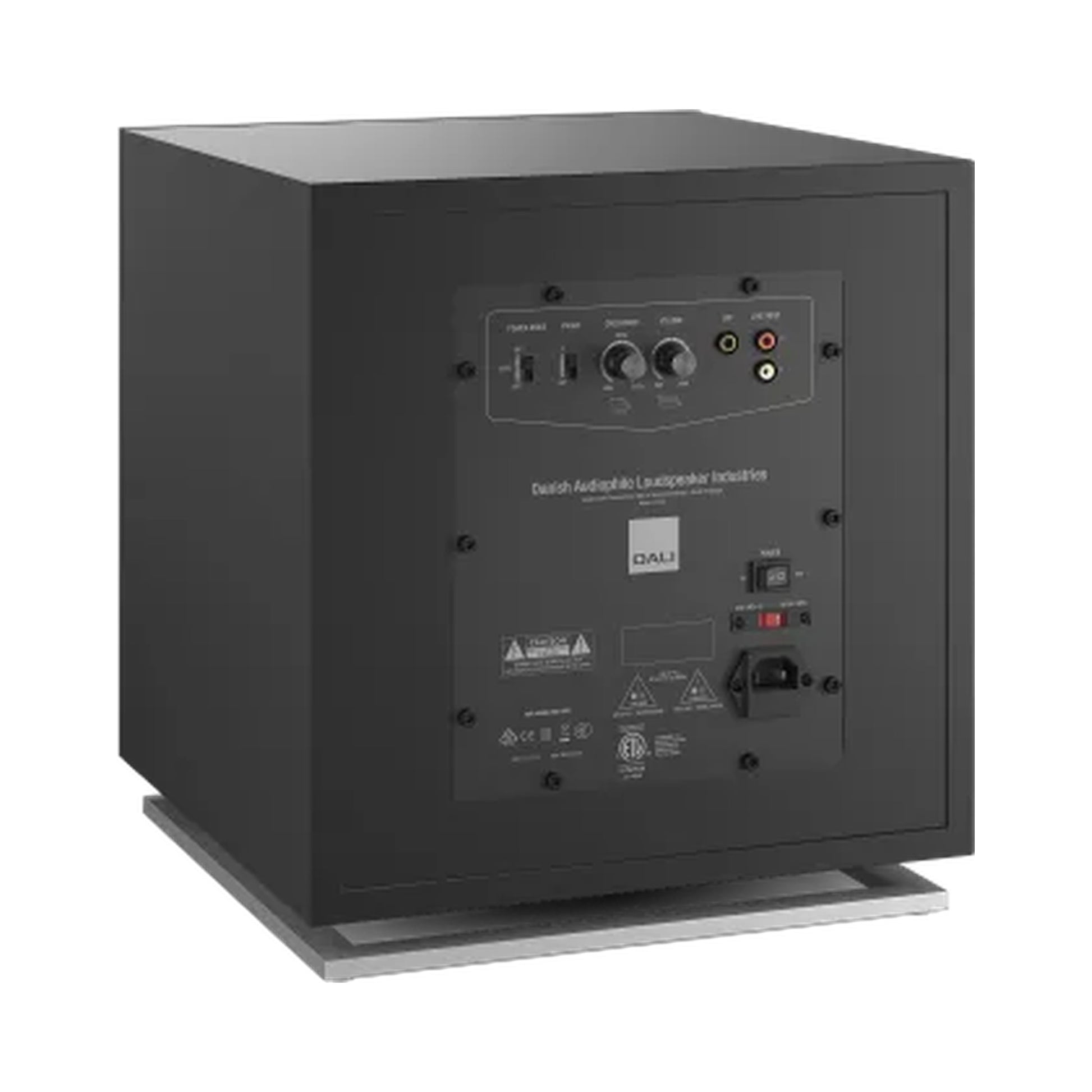 DALI Sub E-12 F Aktiv-Subwoofer Schwarz Schrägansicht von hinten mit Anschlussfeld
