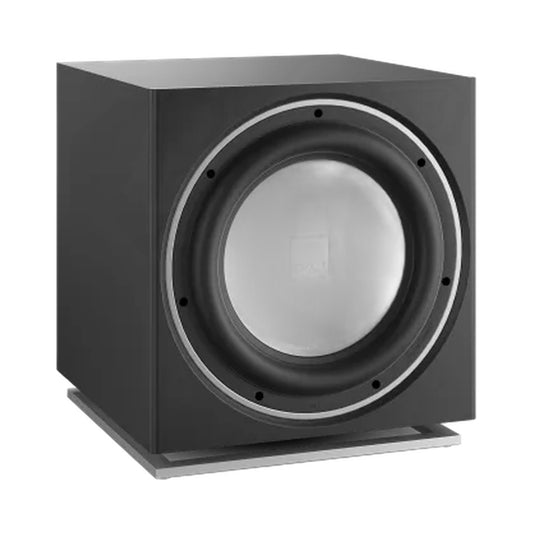 DALI Sub E-12 F Aktiv-Subwoofer Schwarz Schrägansicht ohne Frontbespannung
