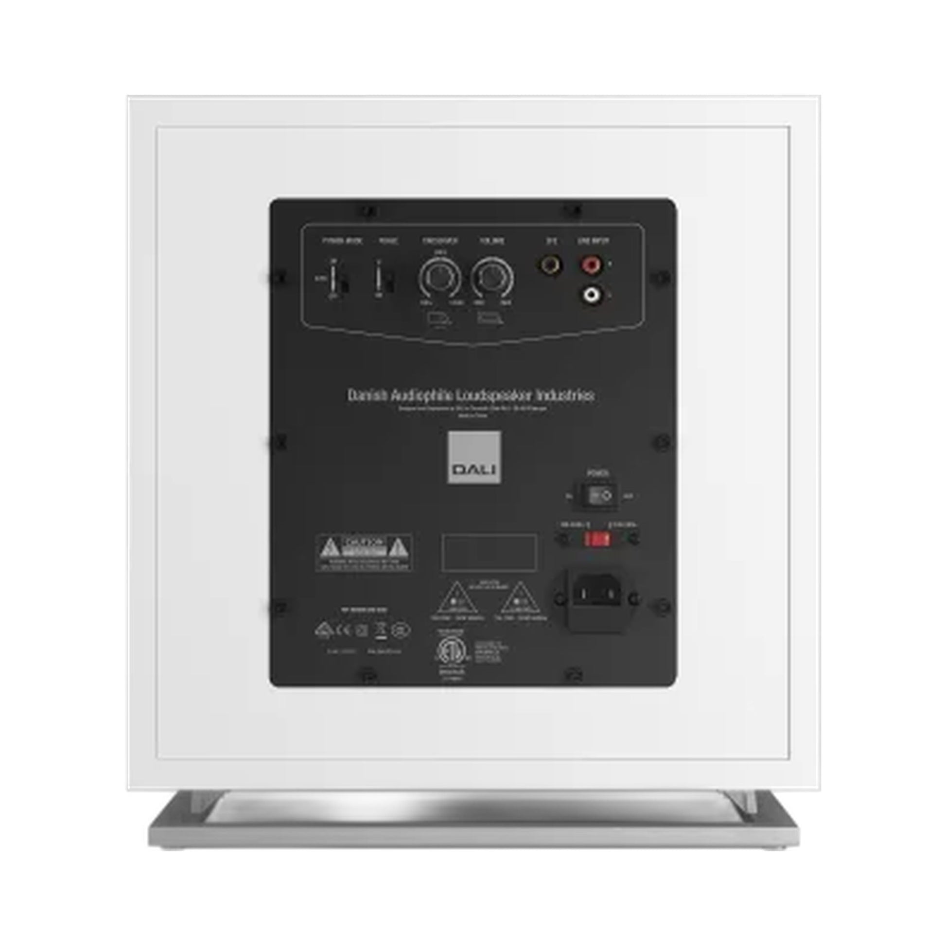 DALI Sub E-12 F Aktiv-Subwoofer Weiss Anschlussfeld mit Reglern und Cinch-Anschlüssen