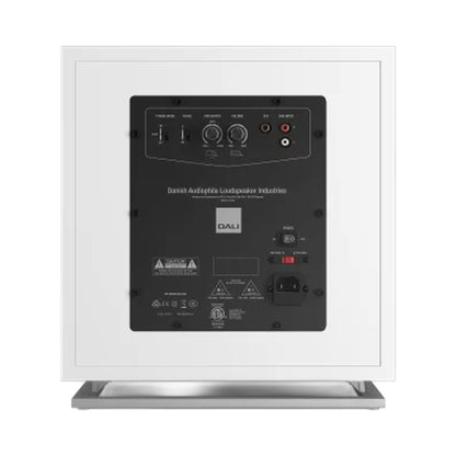 DALI Sub E-12 F Aktiv-Subwoofer Weiss Anschlussfeld mit Reglern und Cinch-Anschlüssen