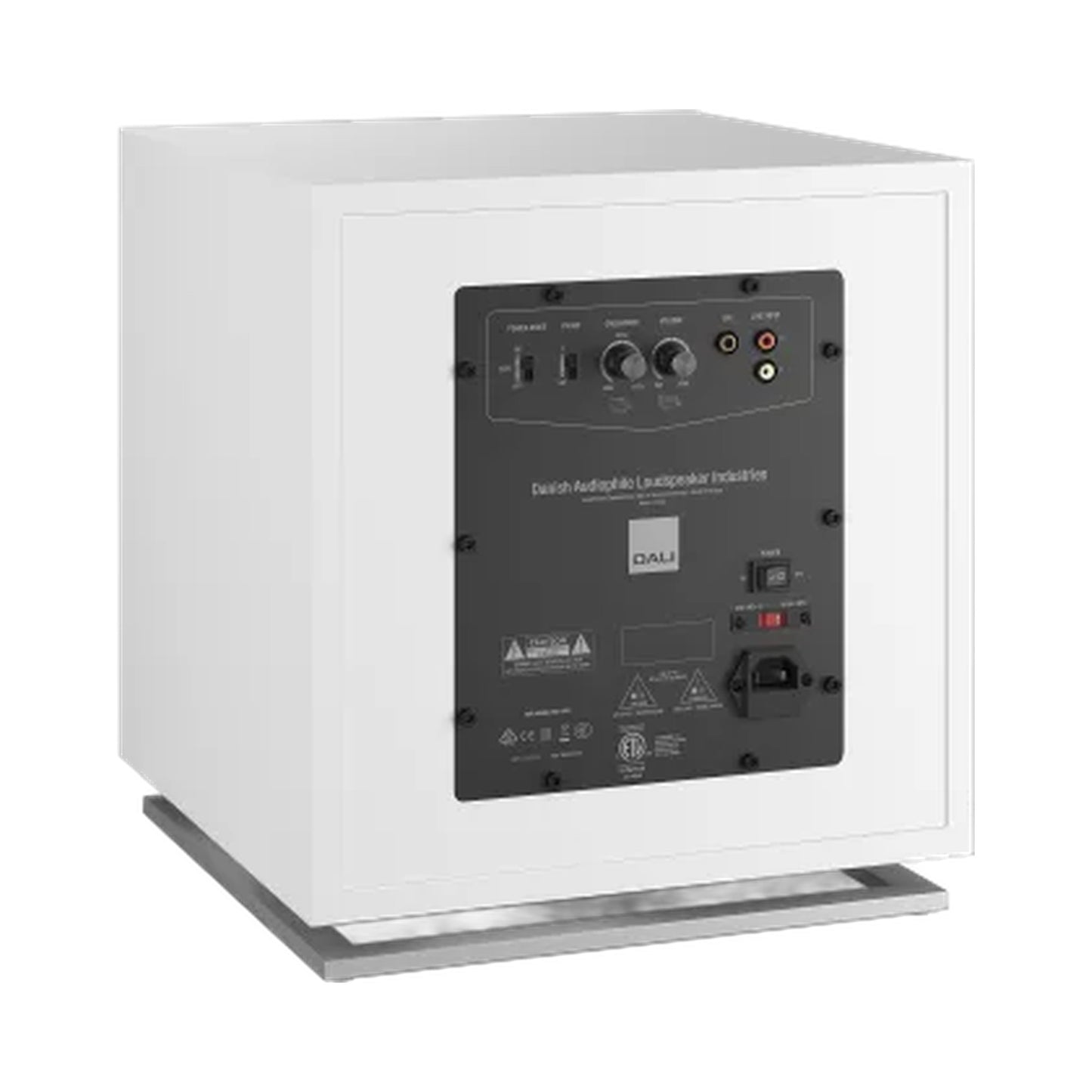 DALI Sub E-12 F Aktiv-Subwoofer Weiss Schrägansicht von hinten mit Anschlussfeld