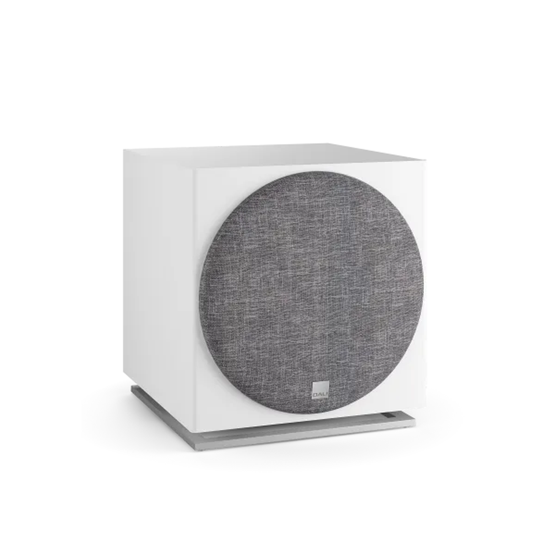 DALI Sub E-12 F Aktiv-Subwoofer Weiss Schrägansicht mit Frontbespannung