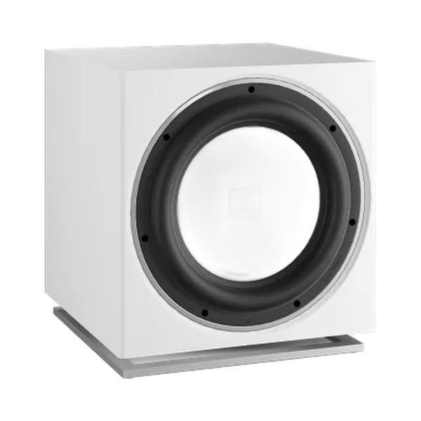 DALI Sub E-12 F Aktiv-Subwoofer Weiss Schrägansicht ohne Frontbespannung