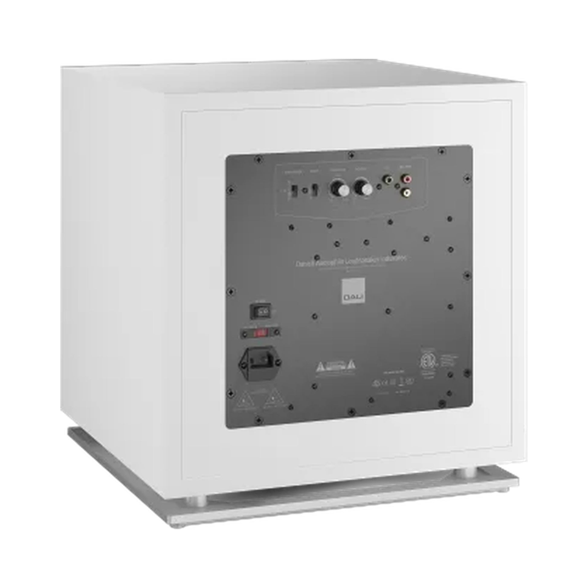 DALI Sub K-14 F Aktiv-Subwoofer Weiss Schrägansicht von hinten mit Anschlussfeld