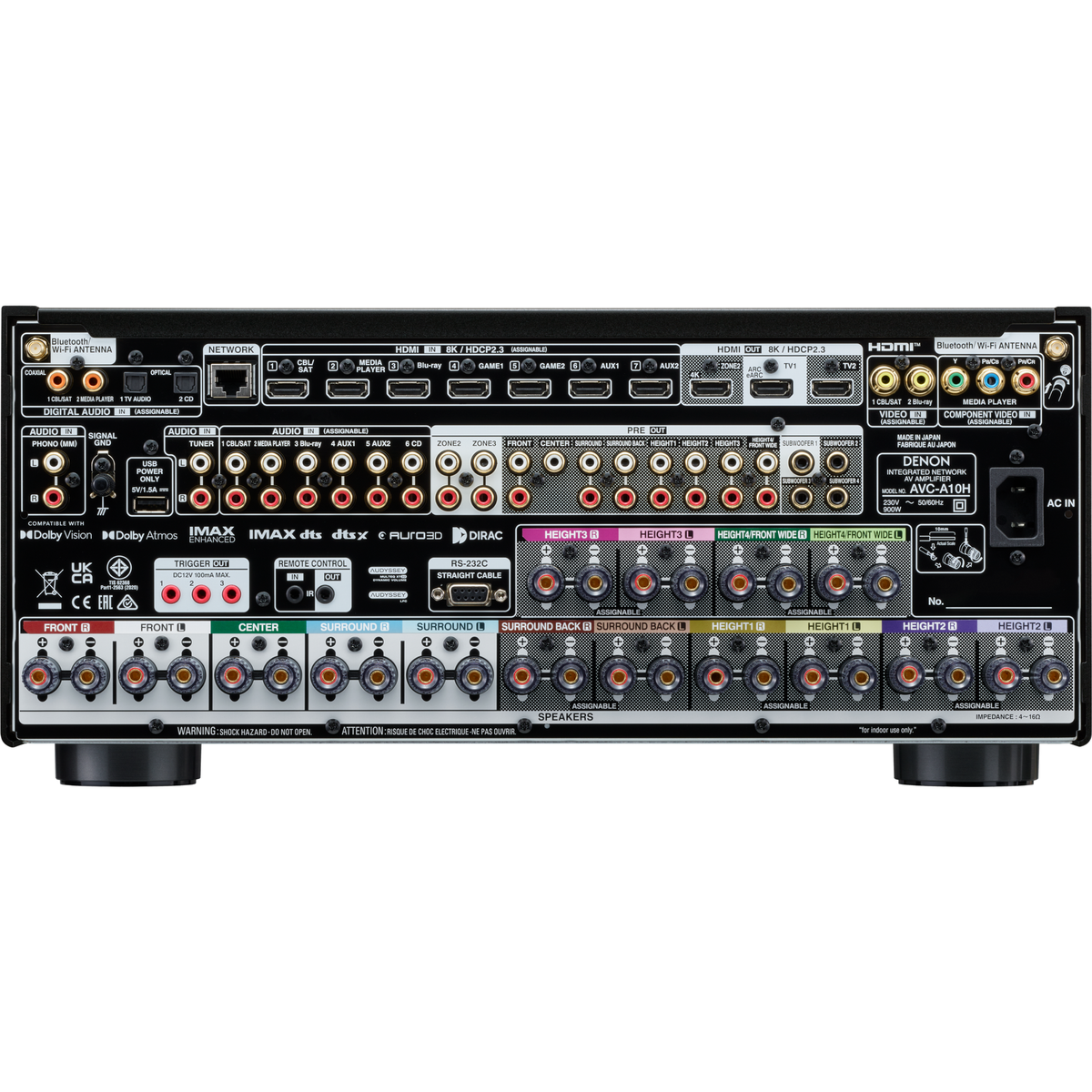 Denon AVC-A10H AV-Receiver Rückansicht mit HDMI-Eingängen, Pre-Outs und Lautsprecherklemmen