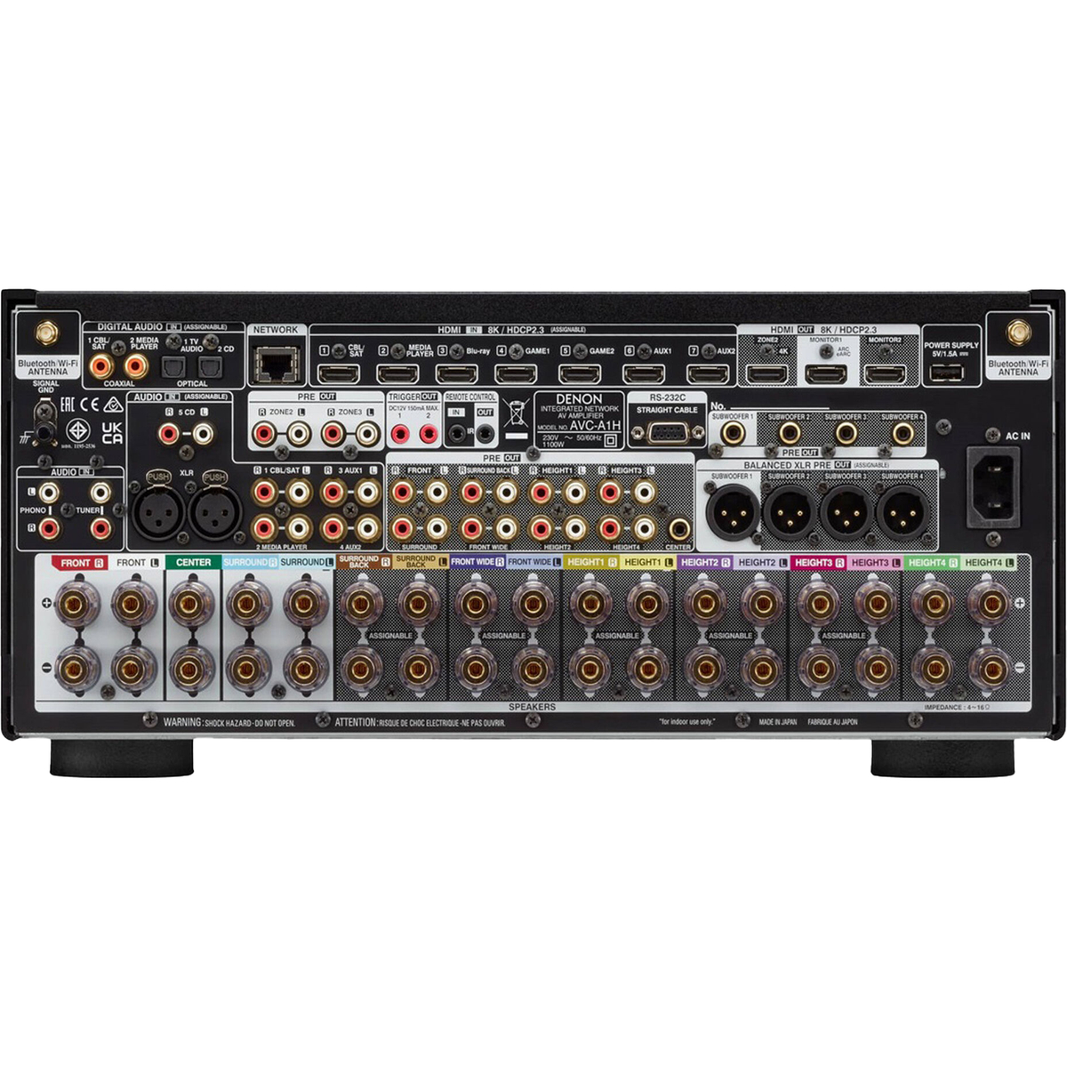 Denon AVC-A1H AV-Receiver Rückansicht mit HDMI-Eingängen, Pre-Outs und Lautsprecherklemmen