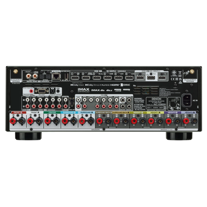 Denon AVC-X3900H AV-Receiver in Schwarz, Rückansicht mit HDMI-Eingängen, Pre-Outs und Lautsprecherklemmen