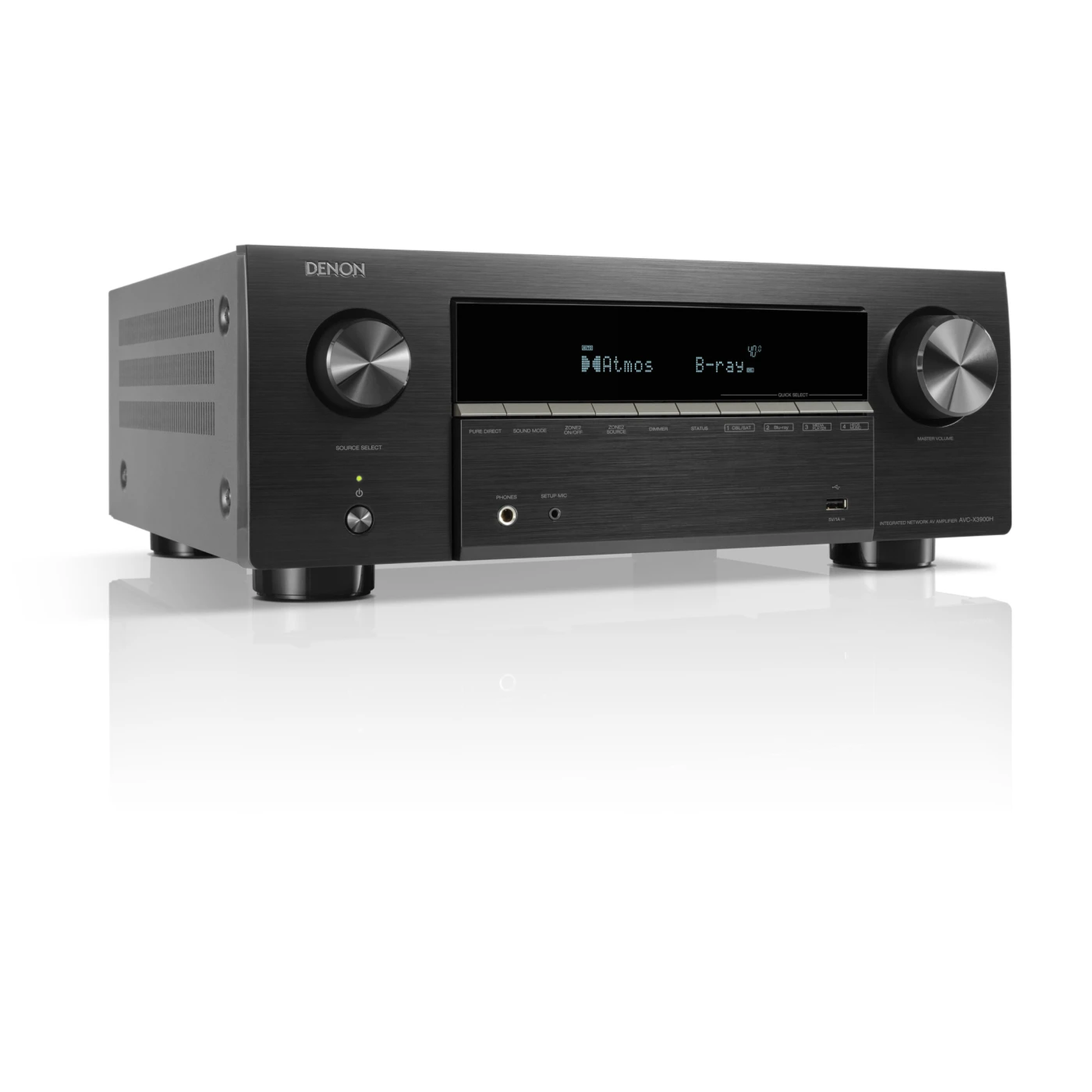 Denon AVC-X3900H AV-Receiver in Schwarz Schrägansicht mit Frontblende, Klinkenbuchse und USB-Anschluss