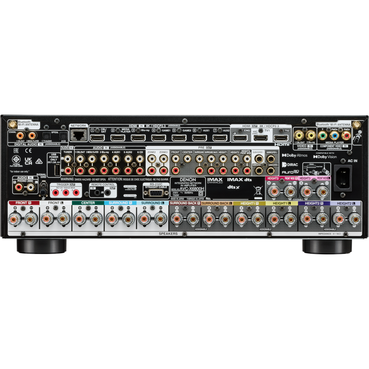 Denon AVC-X6800H AV-Receiver Rückansicht mit HDMI-Eingängen, Pre-Outs und Lautsprecherklemmen