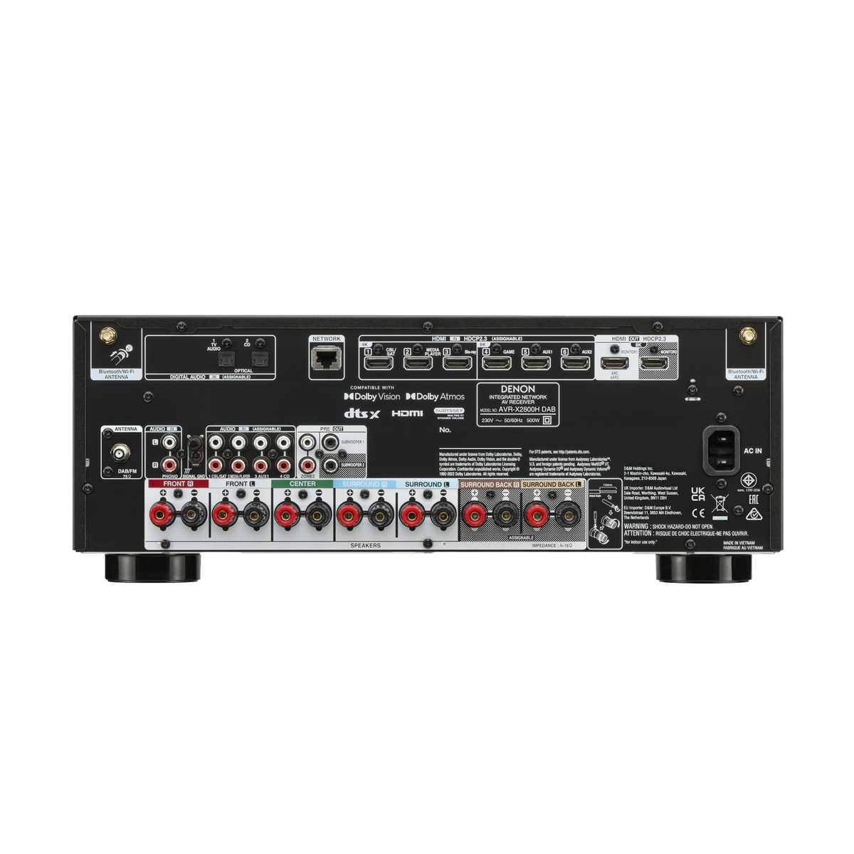 Denon AVR-X2800H DAB AV-Receiver Rückansicht mit HDMI- und Lautsprecheranschlüssen