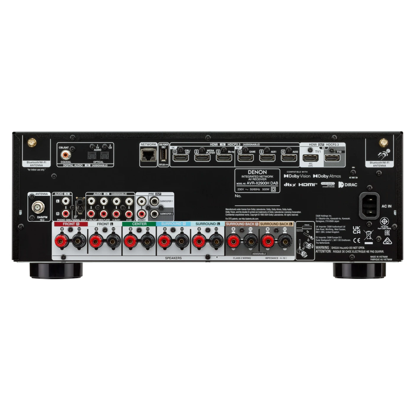 Denon AVR-X2900H DAB AV-Receiver in Schwarz, Rückansicht mit HDMI, DAB/FM-Antenne und Klemmen
