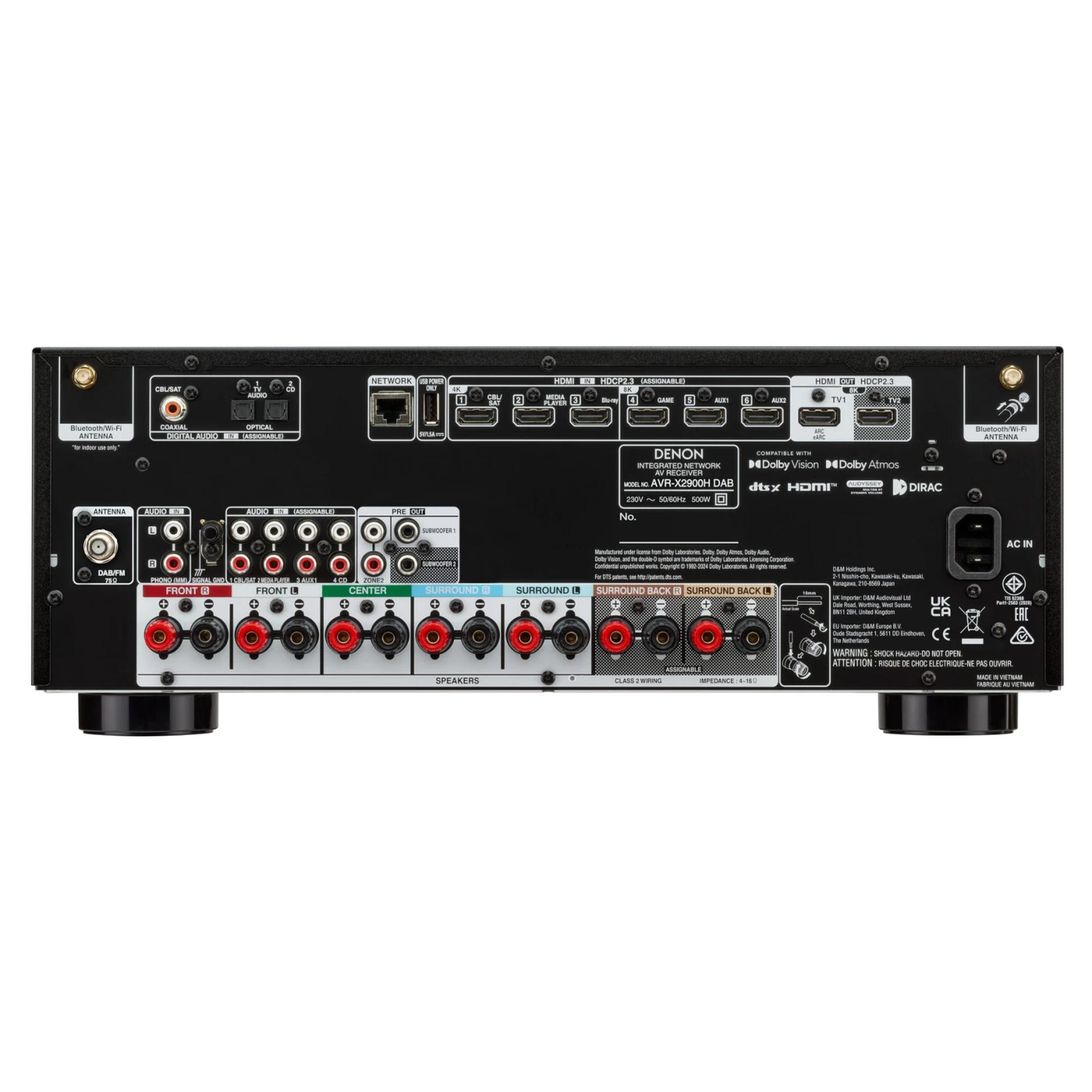 Denon AVR-X2900H DAB AV-Receiver in Schwarz, Rückansicht mit HDMI, DAB/FM-Antenne und Klemmen