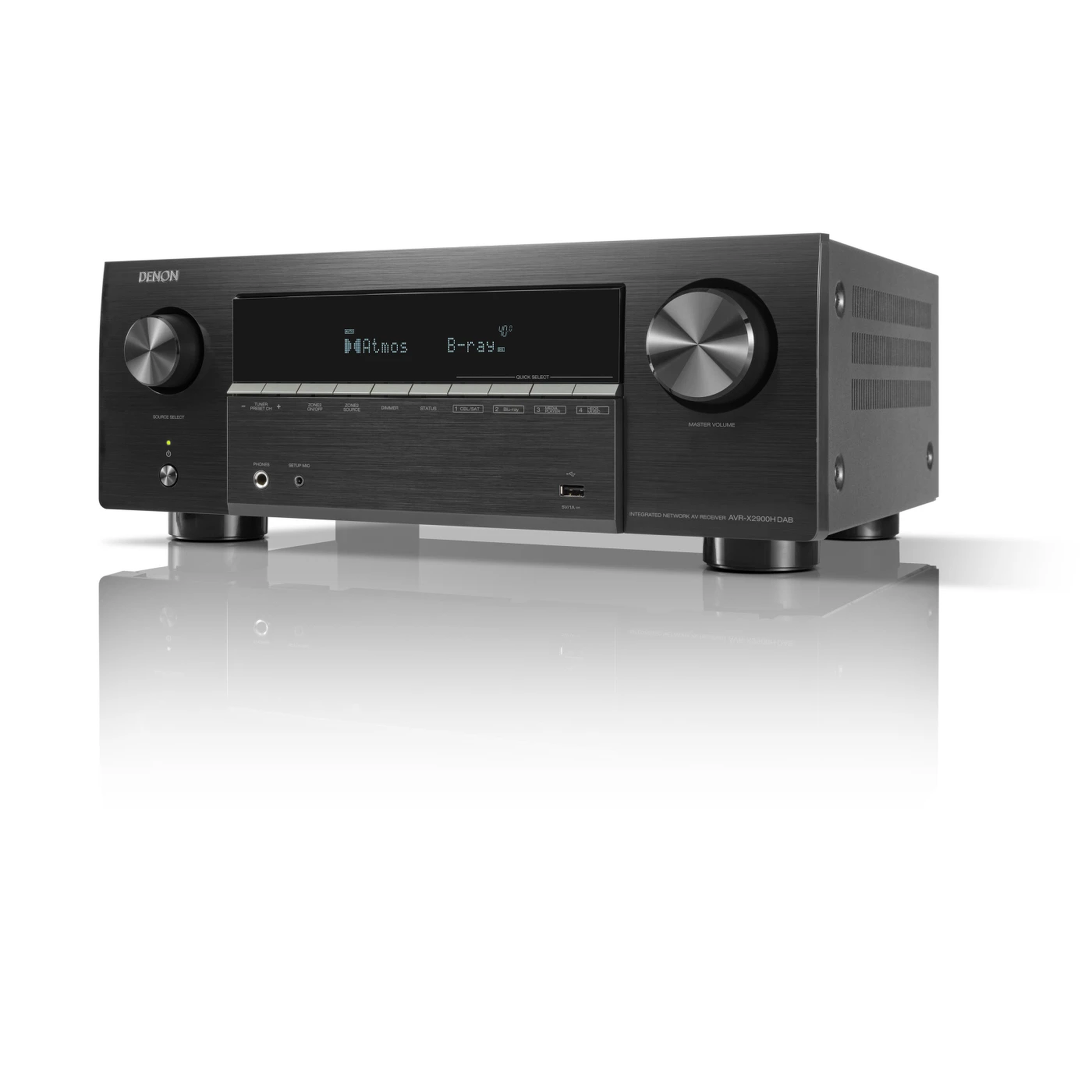 Denon AVR-X2900H DAB 7.2-Kanal AV-Receiver in Schwarz Schrägansicht mit Display