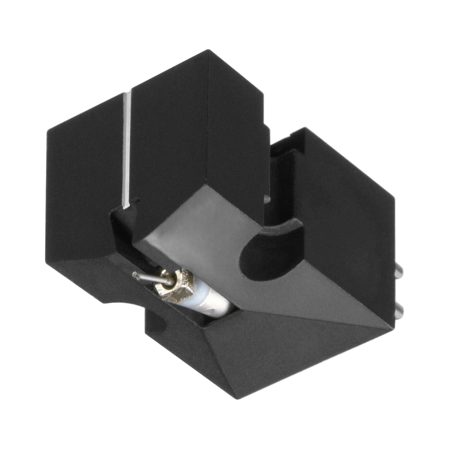 Denon DL-103 MC-Tonabnehmer Schrägansicht mit Nadelträger und Anschlusspins