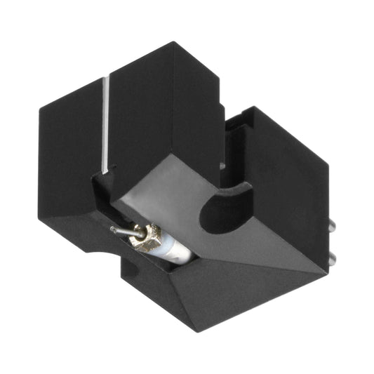 Denon DL-103 MC-Tonabnehmer Schrägansicht mit Nadelträger und Anschlusspins