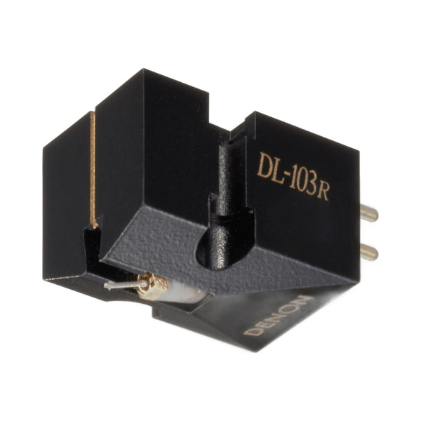 Denon DL-103R MC-Tonabnehmer Schrägansicht mit Modellbeschriftung und Anschlusspins