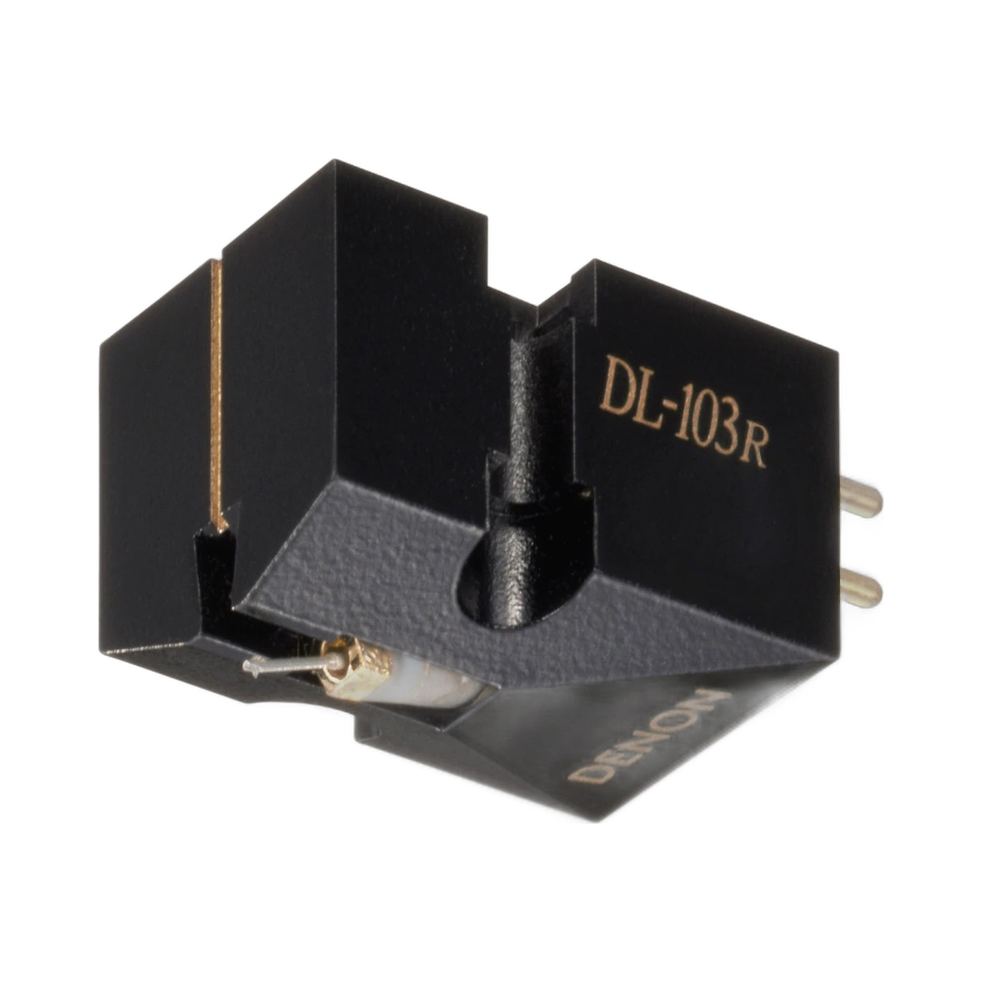 Denon DL-103R MC-Tonabnehmer Schrägansicht mit Modellbeschriftung und Anschlusspins