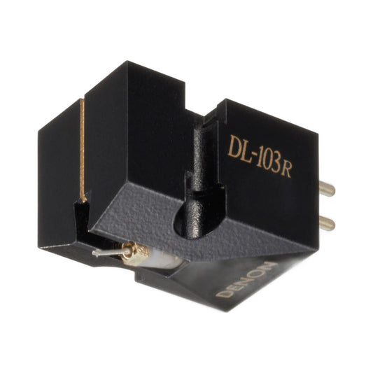 Denon DL-103R MC-Tonabnehmer Schrägansicht mit Modellbeschriftung und Anschlusspins