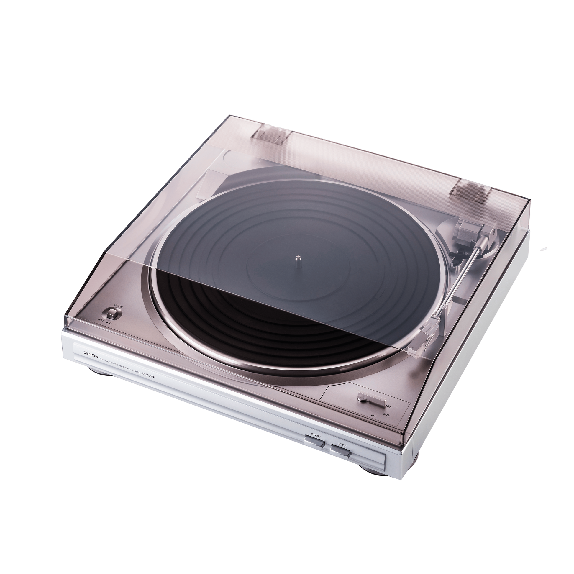 Denon DP-29F Plattenspieler Silber Schrägansicht mit geöffneter Staubschutzhaube