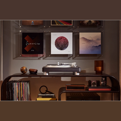 Denon DP-3000NE Plattenspieler Lifestyle auf Sideboard im Wohnraum mit Plattensammlung