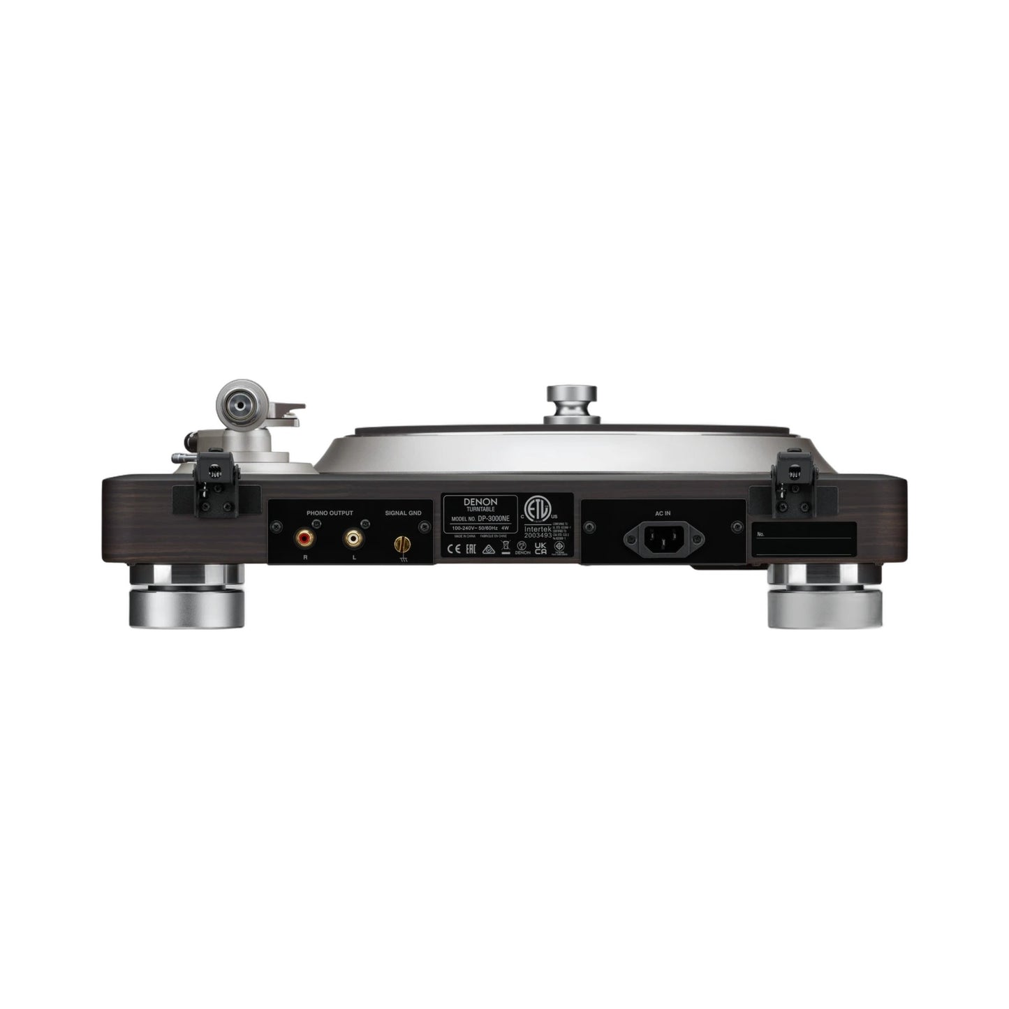 Denon DP-3000NE Plattenspieler Rückansicht mit Phono-Ausgang, Masseklemme und Netzanschluss