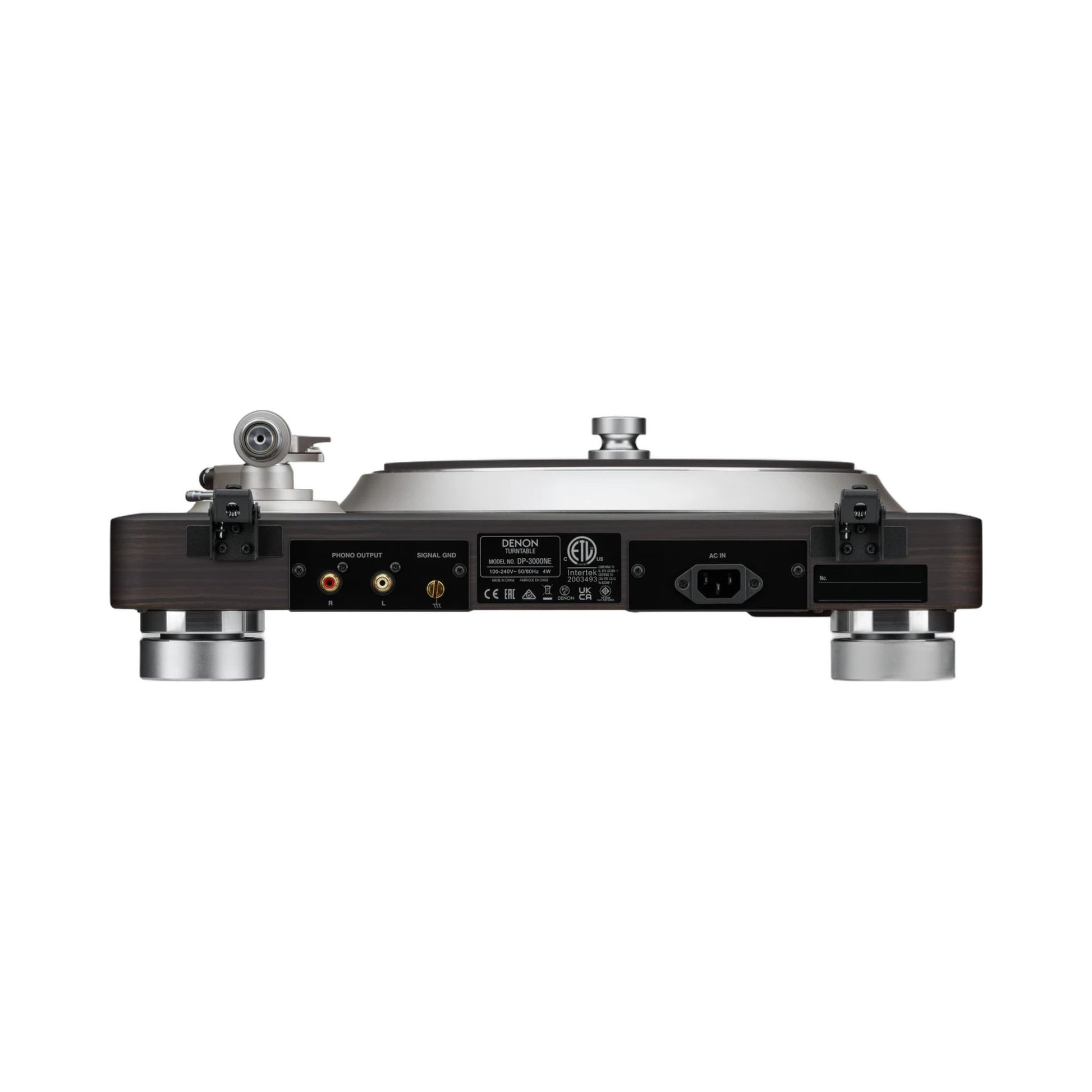 Denon DP-3000NE Plattenspieler Rückansicht mit Phono-Ausgang, Masseklemme und Netzanschluss