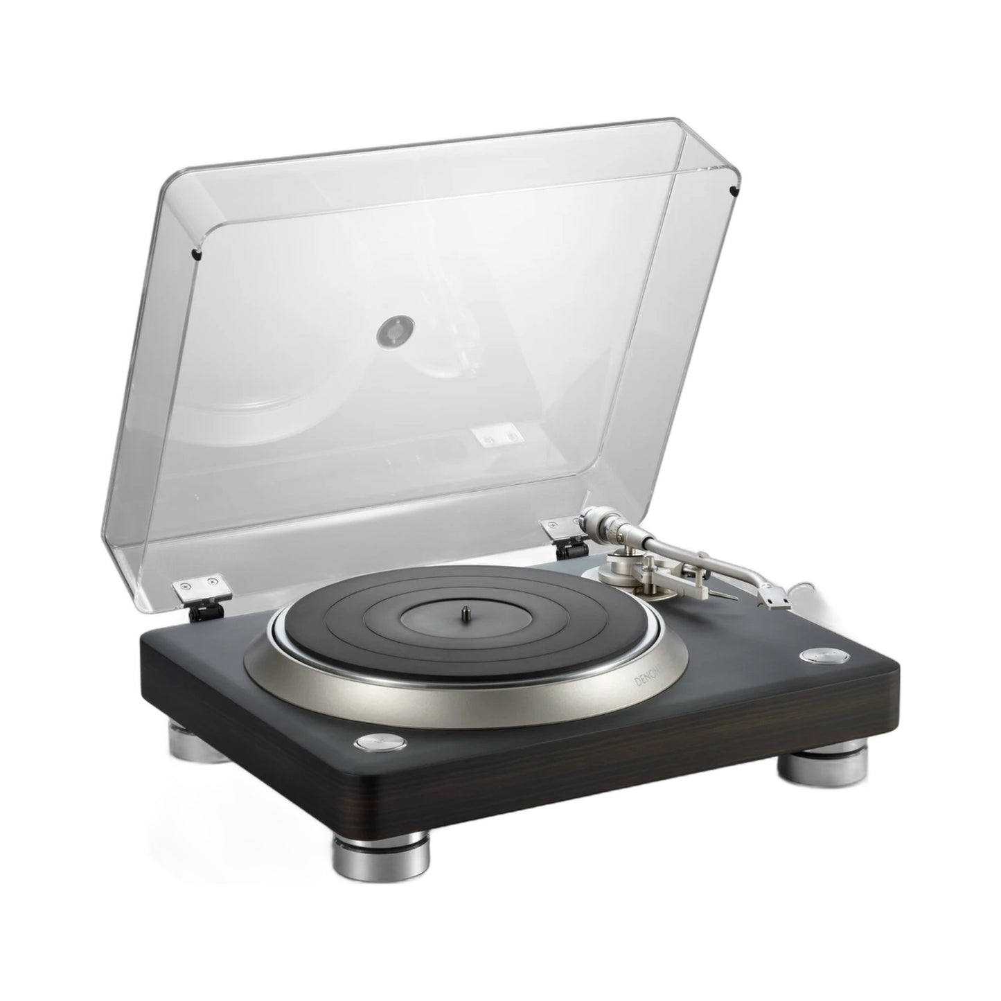 Denon DP-3000NE Plattenspieler Dark Ebony Schrägansicht mit geöffneter Staubschutzhaube