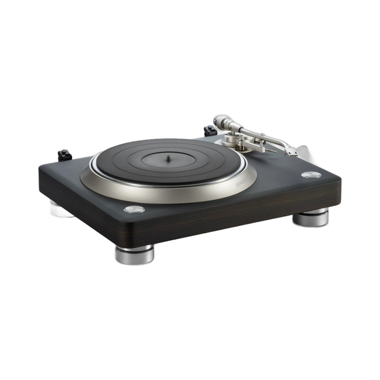Denon DP-3000NE Plattenspieler Dark Ebony Schrägansicht mit Plattenteller, Tonarm und Aluminium-Füssen