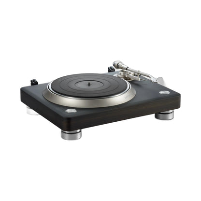 Denon DP-3000NE Plattenspieler Dark Ebony Schrägansicht mit Plattenteller, Tonarm und Aluminium-Füssen