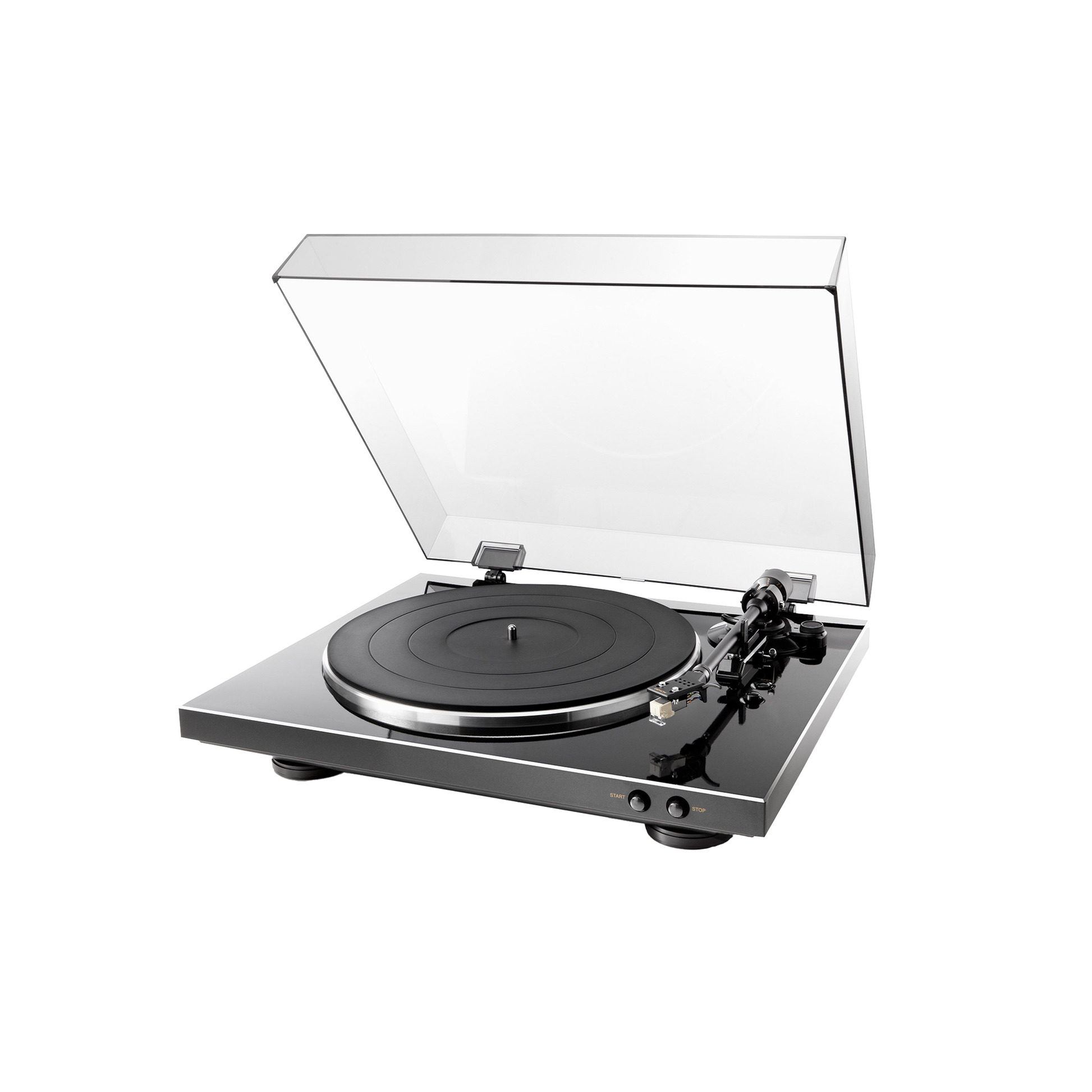 Denon DP-300F Plattenspieler Schrägansicht mit geöffneter Staubschutzhaube