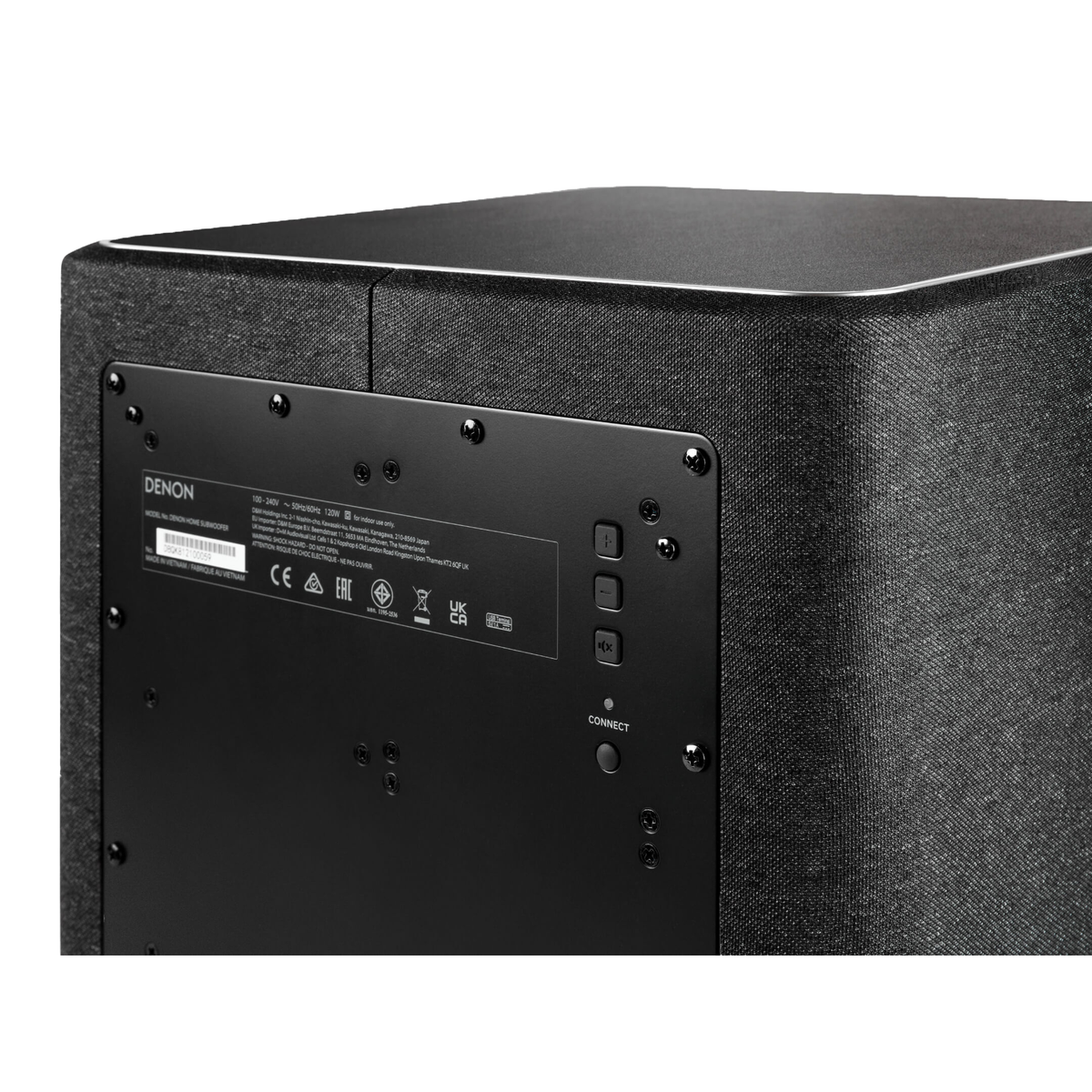 Denon Home Subwoofer Detailansicht Anschlussbereich und Bedientasten