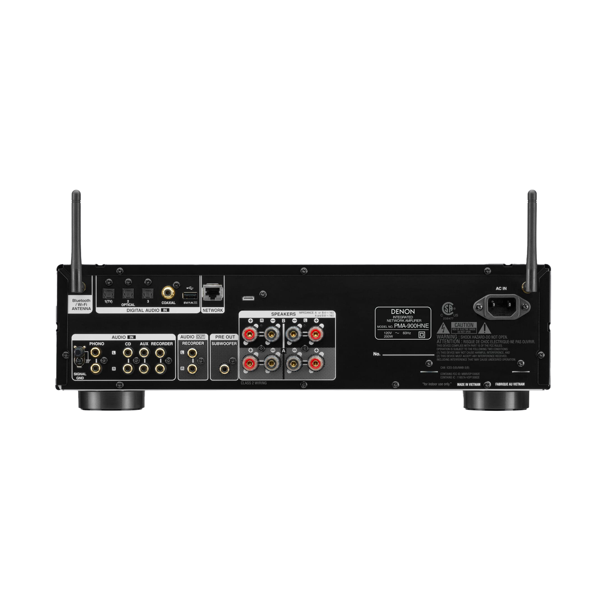 Denon PMA-900HNE Streaming-Vollverstärker Rückansicht mit Digitaleingängen, Netzwerkanschluss und Lautsprecherklemmen