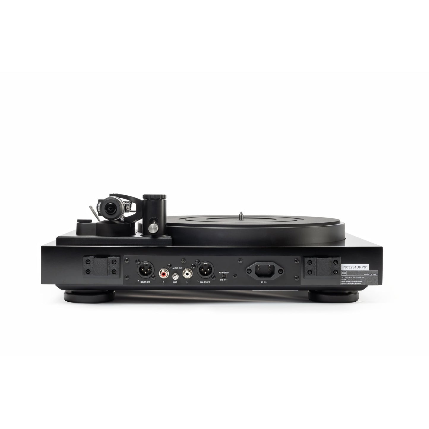 Dual CS 718Q Plattenspieler Rückansicht mit Anschlussfeld (XLR balanced, Cinch, Netzanschluss)