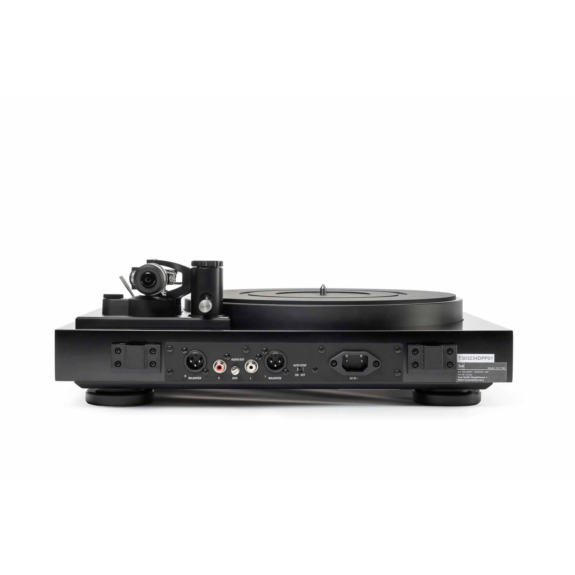 Dual CS 718Q Plattenspieler Rückansicht mit Anschlussfeld (XLR balanced, Cinch, Netzanschluss)