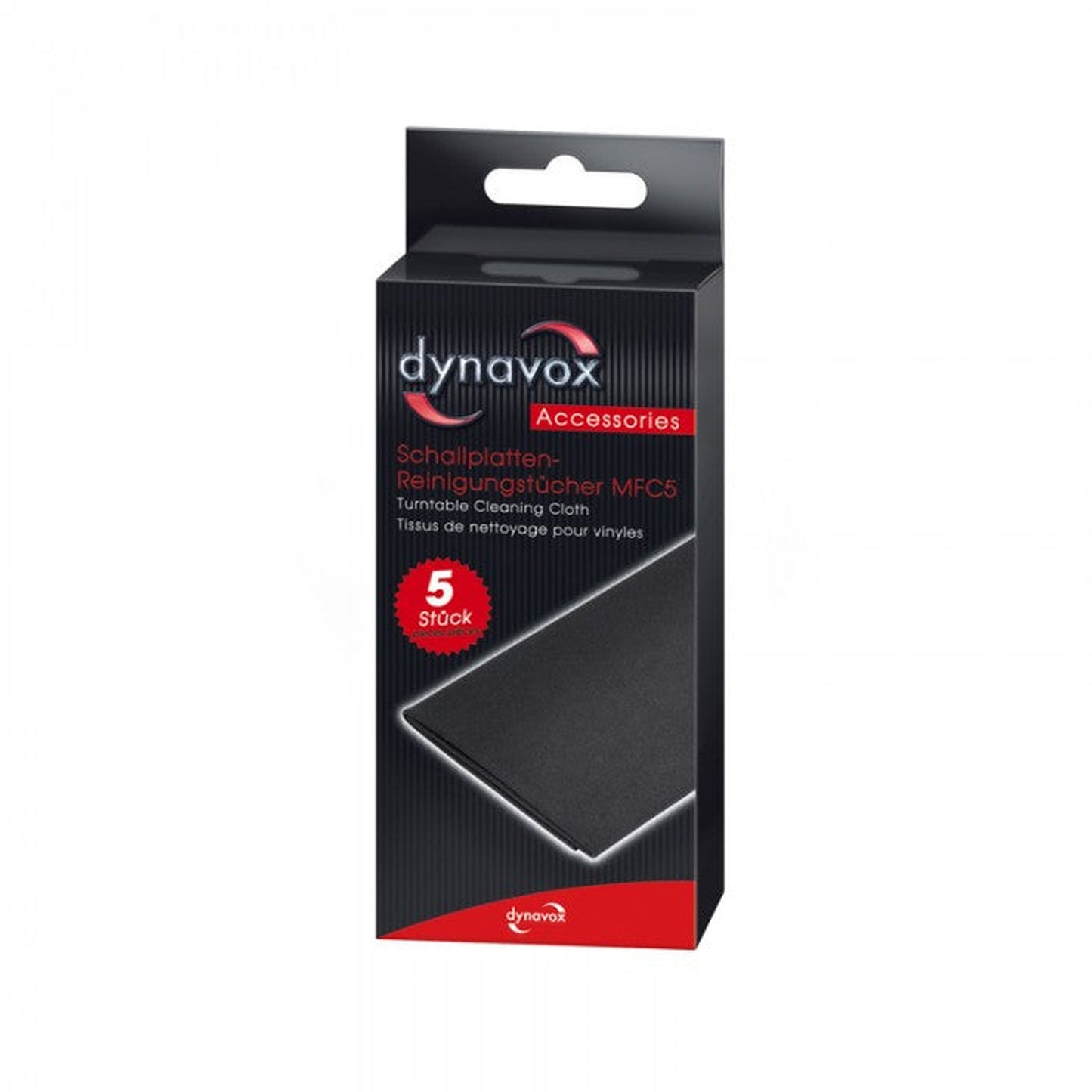 Dynavox MFC5 Schallplatten-Reinigungstücher Verpackung Faltschachtel mit fünf Tüchern