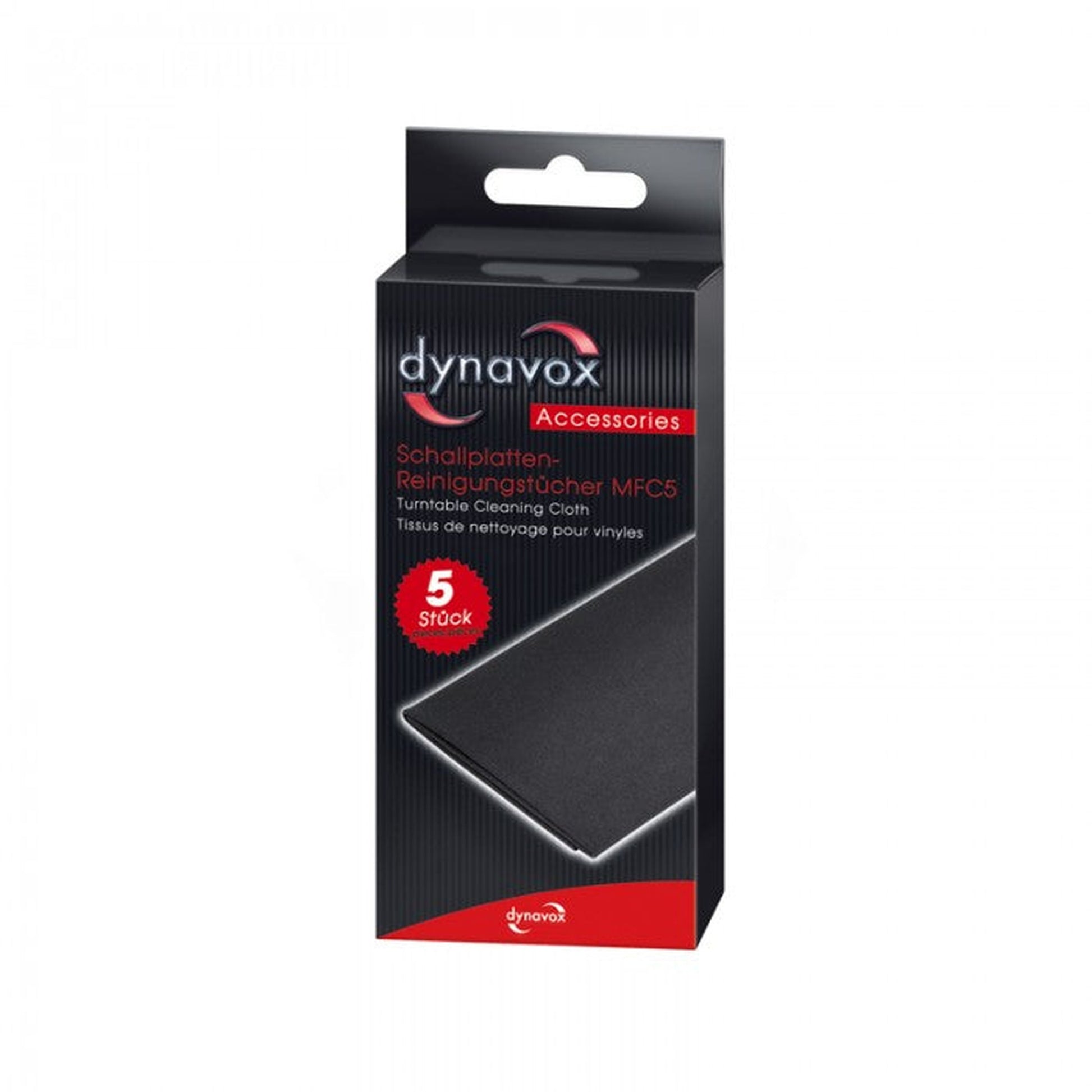 Dynavox MFC5 Schallplatten-Reinigungstücher Verpackung Faltschachtel mit fünf Tüchern