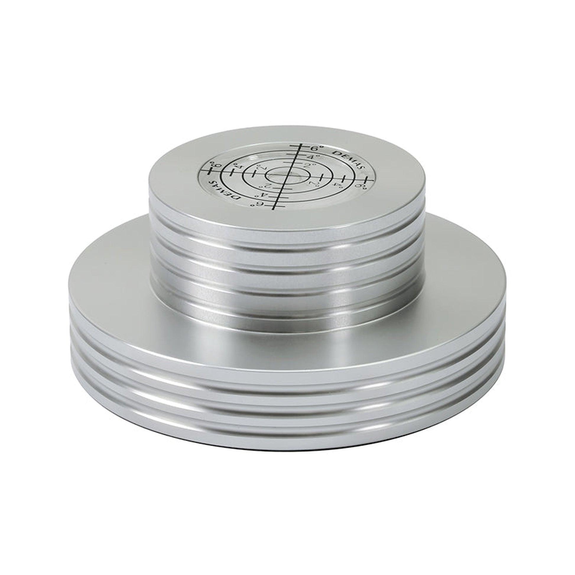 Dynavox PST300 Plattengewicht Stabilizer Silber Schrägansicht mit Libelle auf der Oberseite
