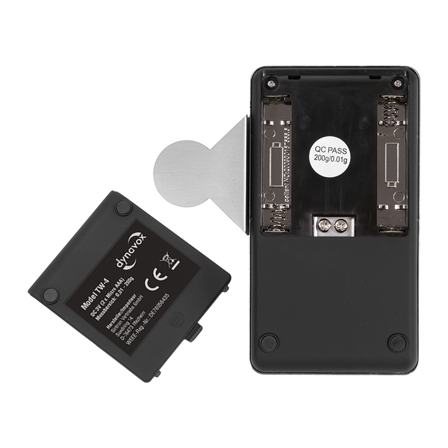 Dynavox TW-4 Tonarmwaage Innenansicht, geöffnetes Batteriefach mit abgenommenem Deckel