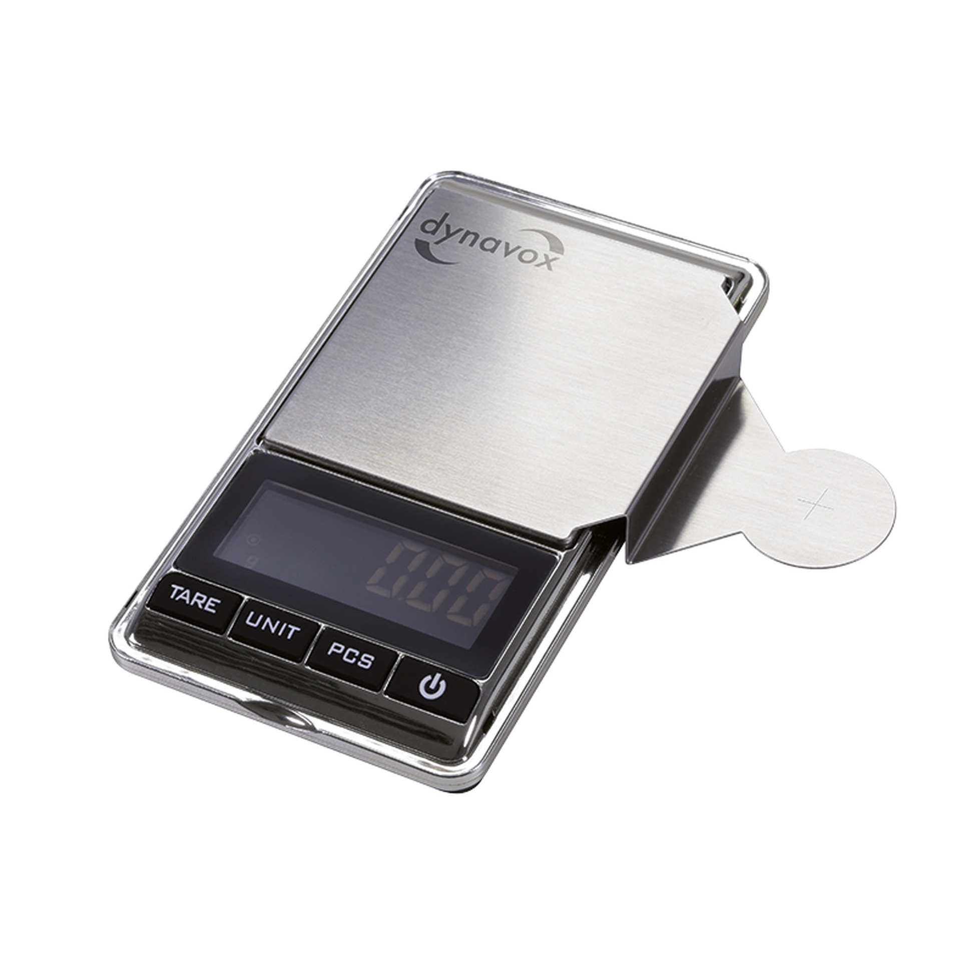 Dynavox TW-4 Tonarmwaage Schrägansicht, digitale Auflagekraftwaage mit Display und Wiegeteller