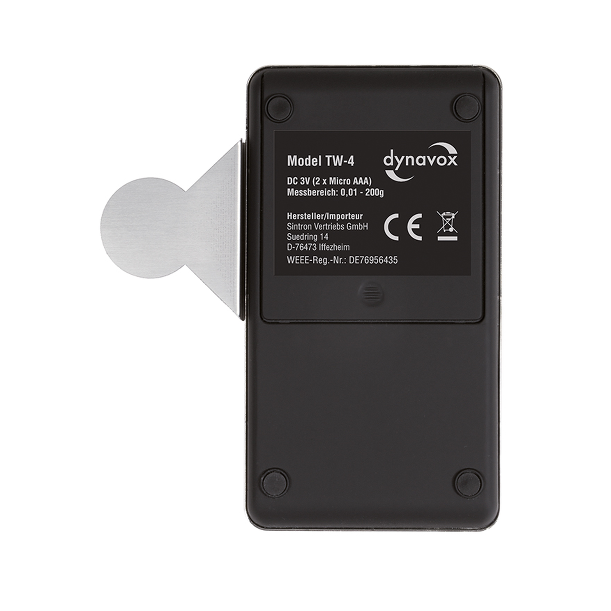 Dynavox TW-4 Tonarmwaage Rückansicht, Unterseite mit Typenschild und Wiegeteller