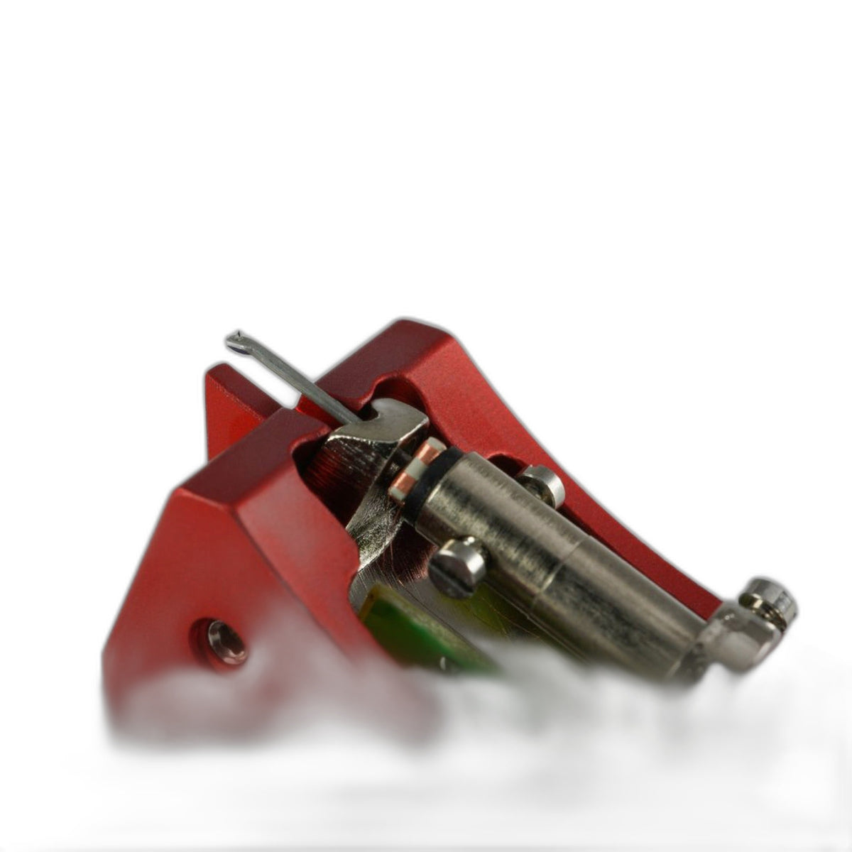 EMT HSD 006 MC-Tonabnehmer mit rotem Aluminiumgehäuse, Detailansicht Nadelträger und Generator