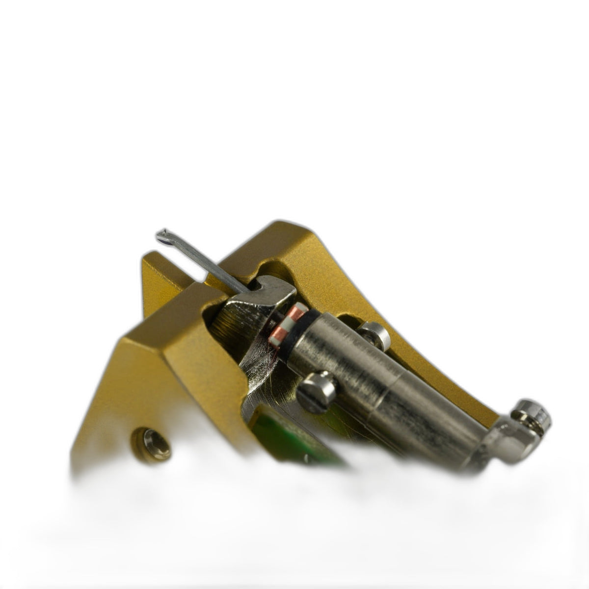 EMT HSD SC6 MC-Tonabnehmer mit goldfarbenem Aluminiumgehäuse, Detailansicht Nadelträger und Generator