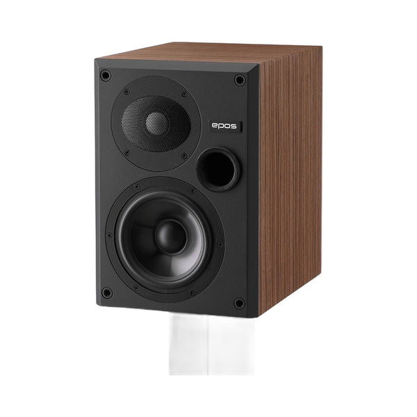 Epos ES-7N Regallautsprecher Nussbaum Schrägansicht ohne Frontbespannung mit Hoch- und Tieftöner