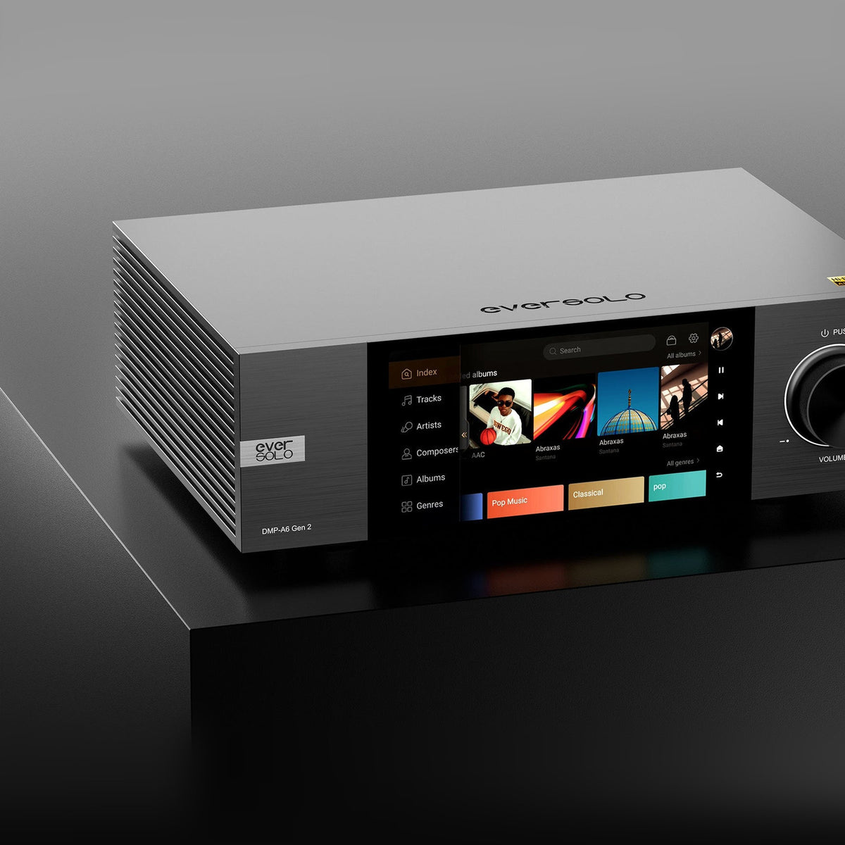 Eversolo DMP-A6 Gen 2 Netzwerk-Streamer Detailansicht Gehäuse mit Kühlrippen und Display