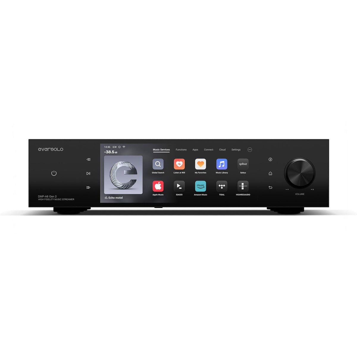 Eversolo DMP-A8 Gen 2 Netzwerk-Streamer Schwarz Frontansicht mit Touchscreen und Lautstärkeknopf